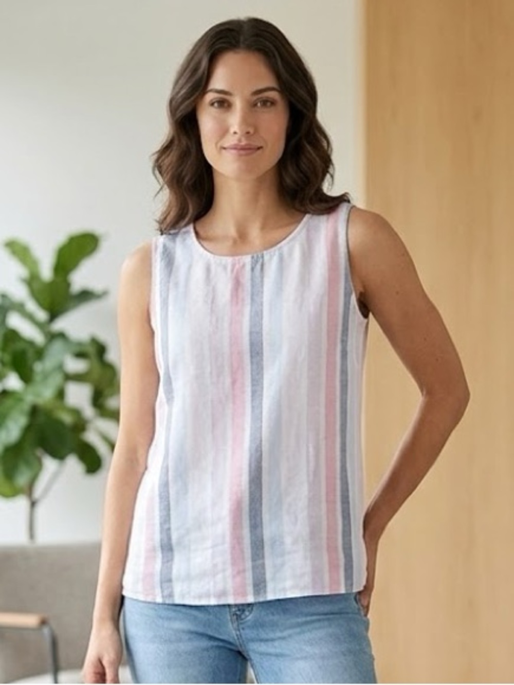 Ellen Tracy Linen Sleeveless Pastel Striped Shirt, Size Large women’s top Pink